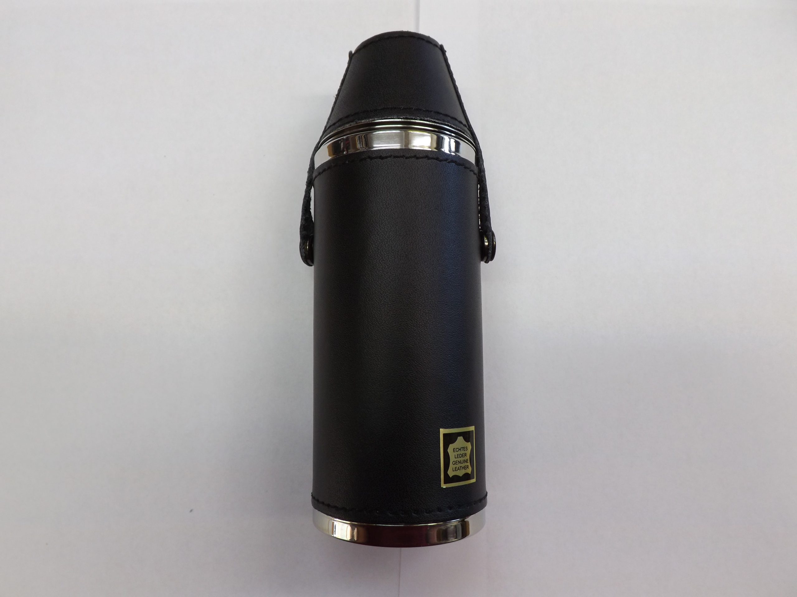 Artamis Polished Steel Hunting Flask with Two Cups and Black Leather Cover-1090 Artamis Polished Steel Hunting Flask with Two Cups and Black Leather Cover-1090
